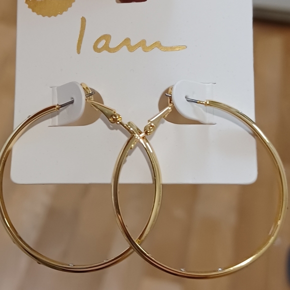 GOLD PLATED SIMPLE CLASSIC 1.75" HOOPS HOOP GOLD ROUND EARRINGS WITH CRYSTALS - Picture 2 of 7